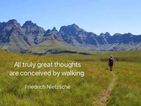 Walking tours South Africa 25 Nietzsche's walking quote with Drakensberg mountain and hiker in background
